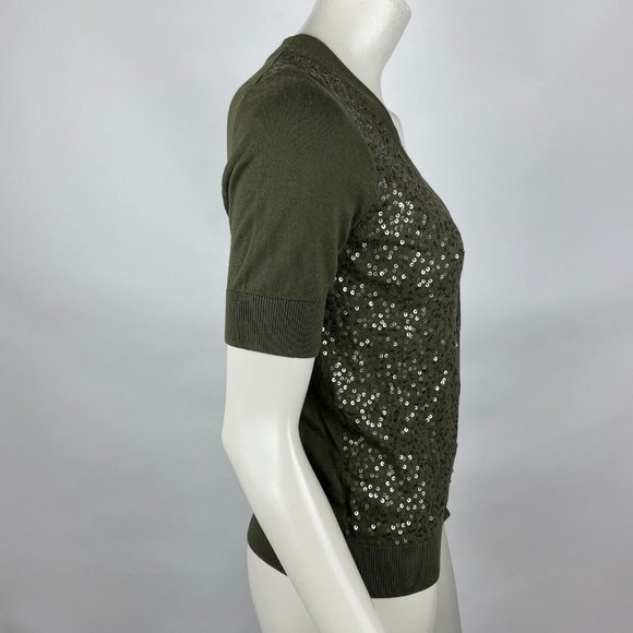 Talbots Short Sleeve Sequin Cardigan Button-up Stretch Cotton Green Women XS NWT - Picture 4 of 8